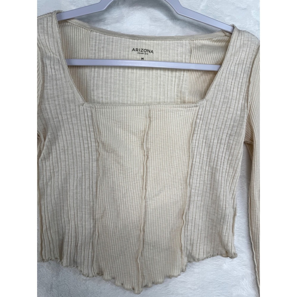 Arizona Jean Co Womens Cream Ribbed Corset Top Square Neck Lettuce Hem Medium - Picture 2 of 7